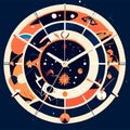 Astronomical clock with zodiac signs, vector illustration in flat style AI Generated Royalty Free Stock Photo