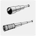 Astronomical telescope, vintage, engraved hand drawn in sketch or wood cut style, old looking retro