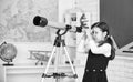 Astronomy and Astrophysics. Stars and galaxies. Study telescope. School astronomy lesson. School girl looking through