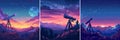 Astronomy cartoon vector concepts. Telescope hill landscape rocks forest open starry sky trees exploring planets