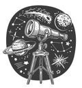 Telescope, stars and planets. Astronomy concept. Space exploration illustration Royalty Free Stock Photo