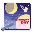 Astronomy Day. Cartoon telescope, Space rocket and moon.