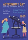 Astronomy day colorful promo poster with place for text. Cartoon girl looking into telescope with mother vector flat