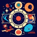 Astronomy flat vector illustration. Planets, stars, galaxies, planets, comets and other elements. Generative AI