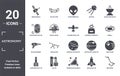 astronomy icon set. include creative elements as space module, radar pointing up, astronaut ingravity, mars with satellite,