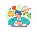 Astronomy lesson, student read about planets Royalty Free Stock Photo