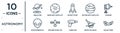 astronomy linear icon set. includes thin line simulator, rocket start, voyager, inclined satellite, space collision, galaxy view,