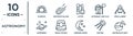 astronomy linear icon set. includes thin line stargate, liftoff, space lander, space capsule, sputnik, destroyed planet, astronomy