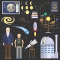 Astronomy oldman and school boy symbolsstickers vector set. Royalty Free Stock Photo
