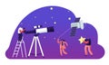 Astronomy Science, Character Watching on Space at Telescope, Woman Pull Sputnik as Kite, Studying, Cosmos Exploration, Scientific