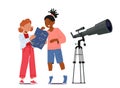 Astronomy Science, Kids Education. Little Girls Characters Learning Sky Map Stand near Telescope. Space Observation