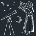Astronomy sketch vector illustration of ancient astronom using sextant. Stars, moon and telescope, astronomical set of