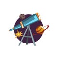 Astronomy symbols, spyglass, telescope, stars and planets cartoon vector Illustration