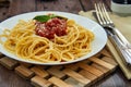 asty colorful appetizing cooked spaghetti italian pasta with tomato sauce bolognese Royalty Free Stock Photo