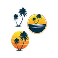 Set of sunset palm coconut tree beach vector logo design