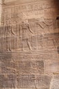 Ancient Egyptian writing, Egyptian hieroglyphs, wall inscriptions and god images, Aswan, Egypt, close to the Nile River Royalty Free Stock Photo