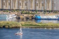 12.11.2018 Aswan, Egypt, A boat felucca sailing along a river of nilies on a sunny