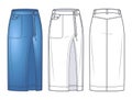 Asymmetric Denim Skirt technical fashion illustration, blue design.