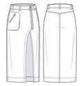 Asymmetric Denim Skirt technical fashion illustration. Midi Skirt fashion flat sketch template, zip up, front pocket, front slit,