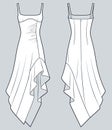 Asymmetric maxi Dress technical fashion illustration. Ruffle Dress fashion flat technical drawing template, square neckline