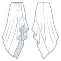 Asymmetric maxi Skirt technical fashion illustration. Ruffle Skirt fashion flat technical drawing template, draped, back zipper