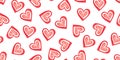 Asymmetric Seamless Pattern of Hand-Drawn Pencil Red Hearts on White Background. Style of Children\'s Drawing Royalty Free Stock Photo
