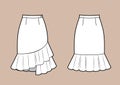 Asymmetric skirt with volant frill technikal sketch