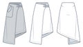 Asymmetric wrap Skirt technical fashion illustration. Set of Skirts fashion flat sketch template, midi lengths, A-line, buckled