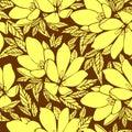 asymmetrical seamless floral yellow outline pattern on brown background, design Royalty Free Stock Photo