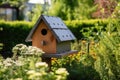 asymmetrically designed birdhouse in a garden