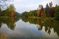 Ataturk Arboretum. Autumn trees around lake.