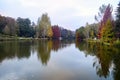Ataturk Arboretum. Autumn trees around lake.