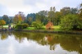 Ataturk Arboretum. Autumn trees around lake.