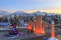 Entrance of Ataturk University and ski jumper in Erzurum, Turkey