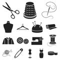 Atelier and sewing black icons in set collection for design. Equipment and tools for sewing vector symbol stock web Royalty Free Stock Photo