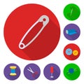 Atelier and sewing flat icons in set collection for design. Equipment and tools for sewing vector symbol stock web Royalty Free Stock Photo