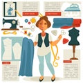 Atelier tailor or dressmaker designer profession woman vector flat template