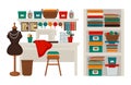 Atelier tailor or dressmaker modiste salon workplace vector flat icons set Royalty Free Stock Photo