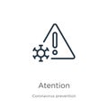 Atention icon. Thin linear atention outline icon isolated on white background from Coronavirus Prevention collection. Modern line Royalty Free Stock Photo