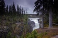 Athabasca Falls in the Rocky Mountains of Canada. Between the cliffs above the water stuck logs. Cloudy day in Jasper Royalty Free Stock Photo