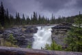 Athabasca Falls in the Rocky Mountains of Canada. Between the cliffs above the water stuck logs. Cloudy day in Jasper Royalty Free Stock Photo