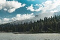 The Athabasca river flows by the Canadian rocky mountains in Alberta, Canada Royalty Free Stock Photo