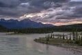 Athabasca River sunset over Pyramid Mountain Royalty Free Stock Photo