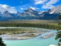 Athabasca River and surrounding mountains along the Ice Fields Parkway in Jasper National Park in Canada Royalty Free Stock Photo