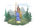 Athena, ancient Greek goddess of Wisdom, War, and Useful Arts. Ancient Greece mythology. Forest and mountain landscape Royalty Free Stock Photo