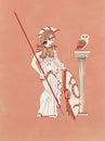 Athena armed with shield, spear, chest and feather helmet beside an owl