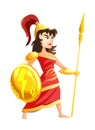 Athena greek goddess from ancient mythology. Female character with spear in armor. Woman with great power. Isolated