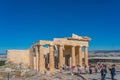 Athena Nike temple on Acropolis, Greece, landmark of Athens. Scenic view of classical building on famous Acropolis hill