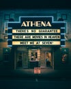 Athena Theater sign at night, Athens, Ohio