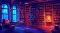 Athenaeum place Cartoon modern illustration of a luxury old library interior at night with books on wooden shelves, a
